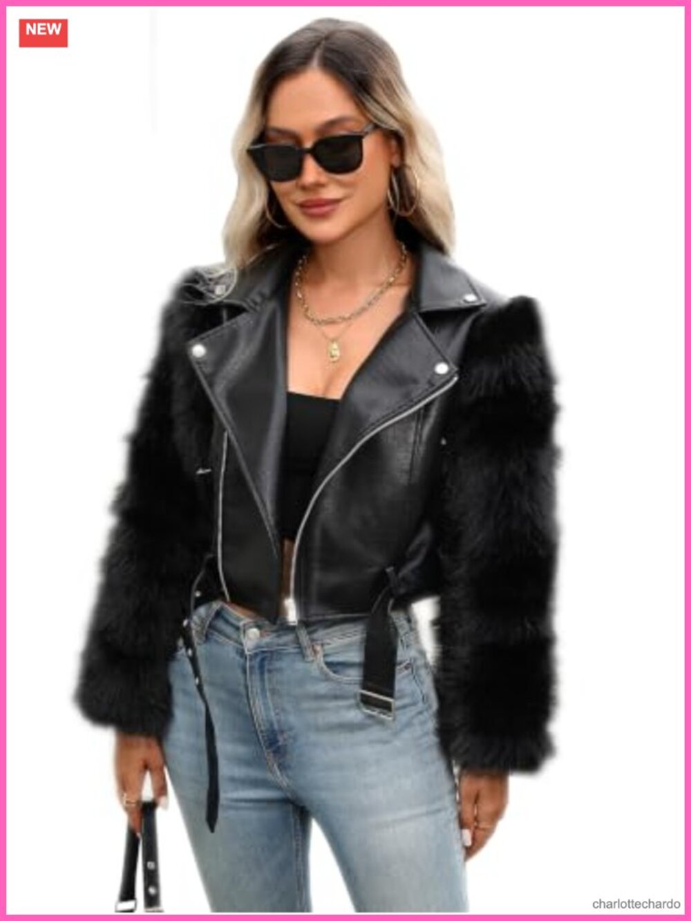 Croc-Embossed Faux Leather Moto Jacket Faux Fur Sleeves Cropped